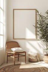 Interior room scene focused on a minimalistic cinematic poster set in a warm wooden frame AI generated illustration
