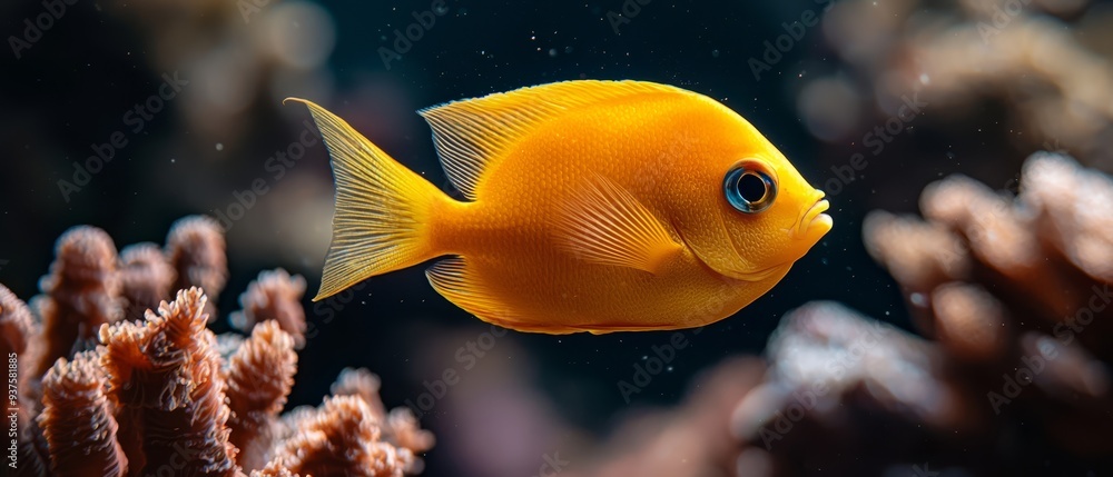 Poster a tight shot of a fish against a backdrop of intricate corals, with more corals and crystal-clear wa