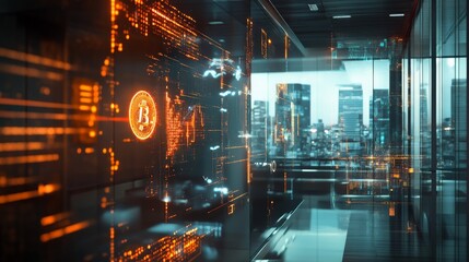 Modern digital interface with Bitcoin symbol in futuristic office overlooking city skyline. Represents cryptocurrency and technology.