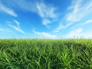 Obraz premium Scenic early morning blue sky and green grass field with clear space for copy