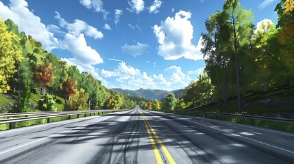 A scenic highway surrounded by vibrant trees and a clear blue sky.