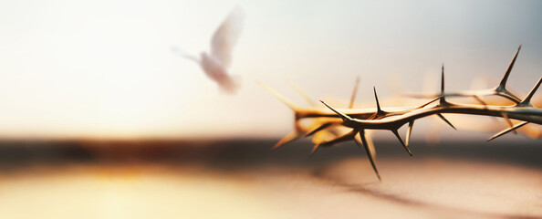 The crown of thorns and the dove symbolizing the suffering and sacrifice of Jesus on the cross,...