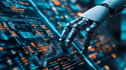 Robotic hand interacting with digital data on a futuristic interface, illustrating advanced technology and AI integration in modern devices.