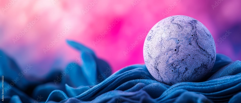 Canvas Prints  A white egg atop a blue fabric, against pink-blue backdrop; background softly blurred