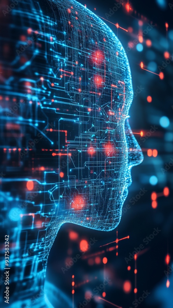 Poster silhouette of a human head with digital circuits and glowing points, representing artificial intelli