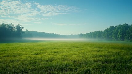 Obraz premium Captivating Early Morning Scenic Meadow with Lush Grass and Clear Sky Landscape