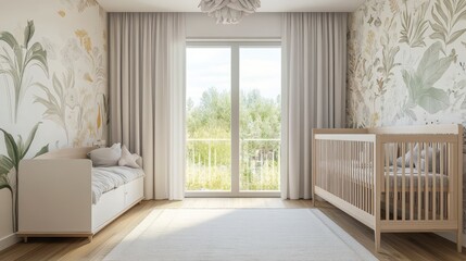 Fototapeta premium Interior of baby's room with crib and comfortable bed placed by window in contemporary house with wallpaper on wall , ai