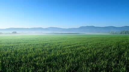 Obraz premium Vast Lush Green Meadow with Clear Blue Sky Horizon Scenic Landscape View