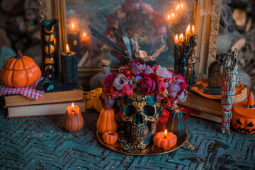 Candles scene with another design for Halloween party on a table, stuff for autumn Holidays