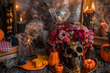 Candles scene with another design for Halloween party on a table, stuff for autumn Holidays