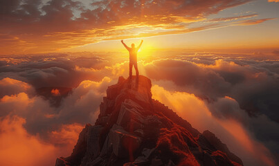 Person Standing On Mountain Peak During Stunning Sunset Surrounded By Clouds