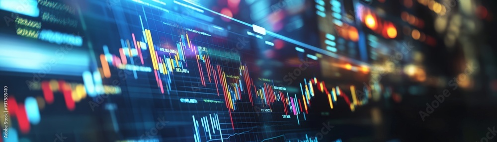 Poster stock market data visualization with charts and graphs on a digital screen, representing financial g