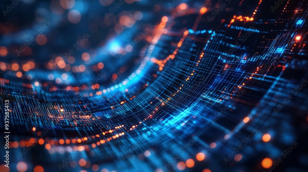 Poster technology background featuring abstract digital network connections with vibrant blue and orange li