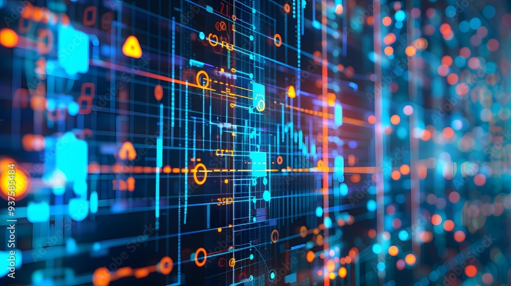 Poster intricate representation of data management systems with kpi and metrics managed by an analyst ai ge