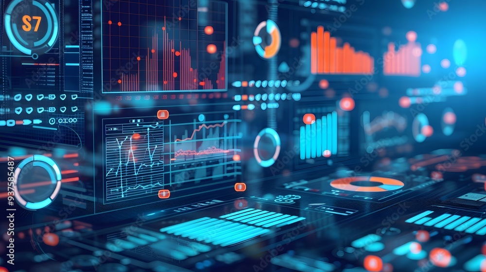Poster intricate representation of data management systems with kpi and metrics managed by an analyst ai ge