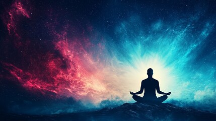 A serene figure meditates amidst a vibrant cosmic background, symbolizing peace, transcendence, and connection to the universe.