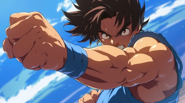 Muscular anime character with clenched fist in a blue shirt, looking determined against a blue sky with white clouds.