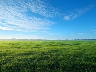 Obraz premium Boundless Emerald Meadow Under Cerulean Sky Tranquil Rural Landscape at Dawn