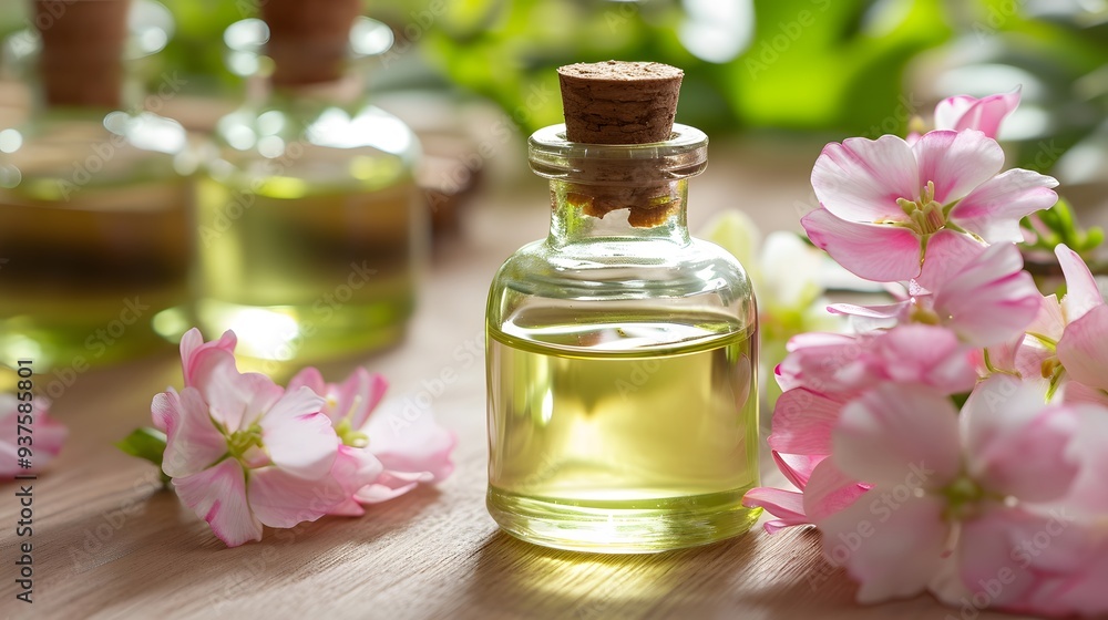 Poster isolated image focusing on a flask of scented oil used in spas ai generated illustration