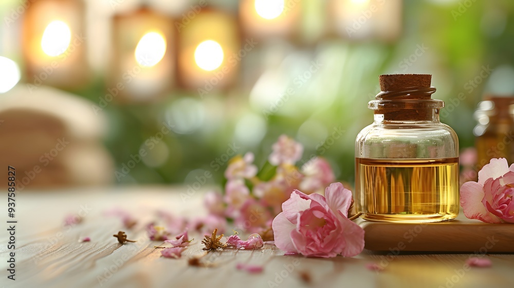 Poster isolated image focusing on a flask of scented oil used in spas ai generated illustration