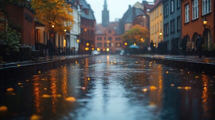 Fototapeta premium Rain falling on city street at twilight with warm toned lights reflecting in puddles
