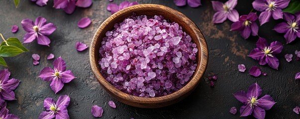 A wooden bowl filled with purple sea salt, scattered clematis flowers around the table, commercial photography, dark background