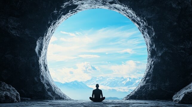 A serene figure meditating in a cave, framed by a large circular opening that reveals a tranquil sky and distant mountains.