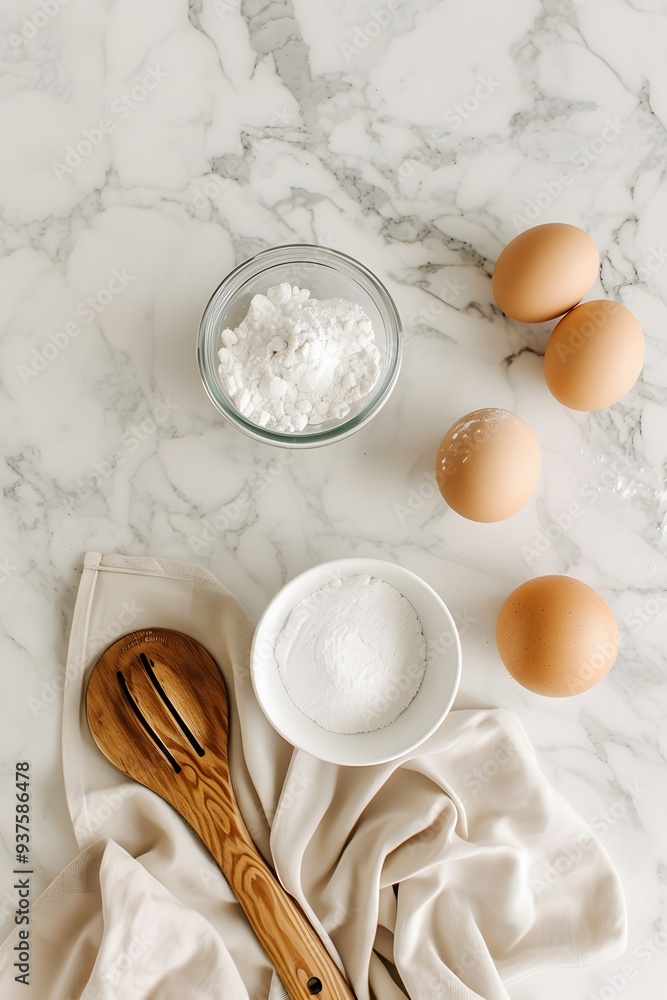 Poster kitchen counter flat lay featuring baking essentials all cast in a soft minimalistic light ai genera