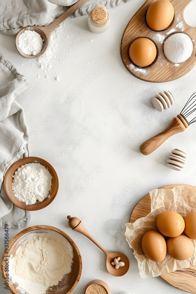 Poster kitchen counter flat lay featuring baking essentials all cast in a soft minimalistic light ai genera