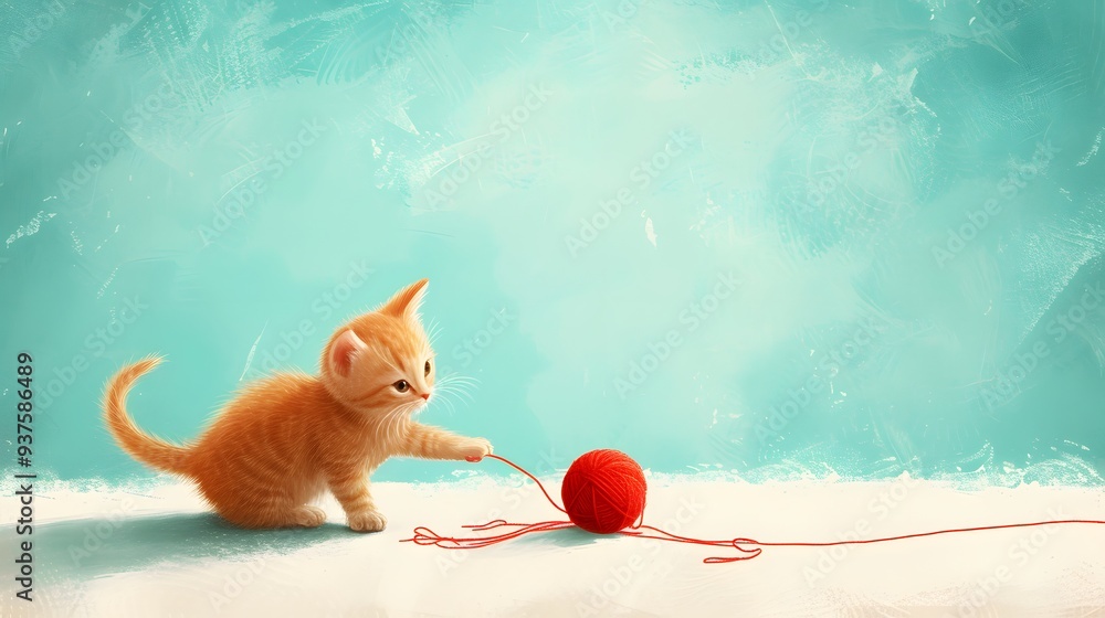 Poster kitten playing with a ball of yarn encapsulated in a compact minimalist art representation ai genera