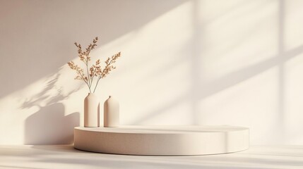 Simple 3D podium with neutral colors and subtle shadows, clean platform, elegant focus