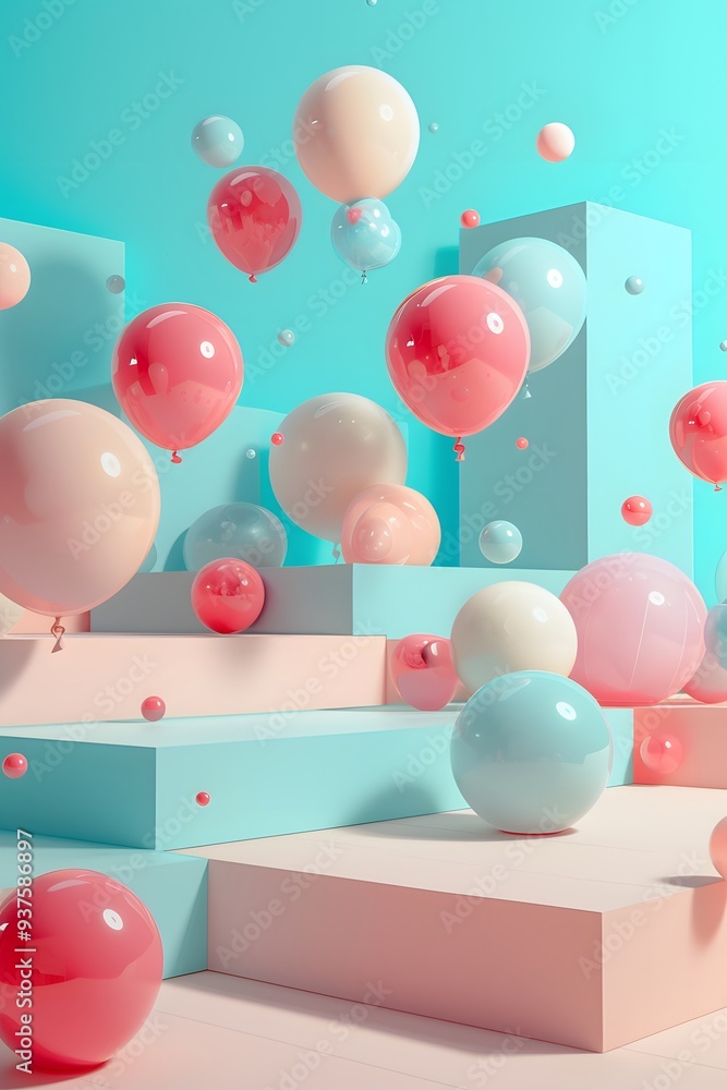 Poster lighthearted 3d abstract scene with bouncing balloons ai generated illustration