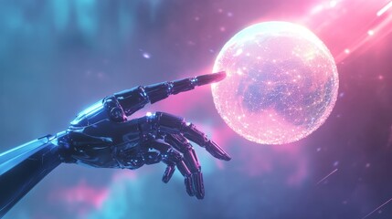 Cybernetic Hand Reaching for a Digital Globe.