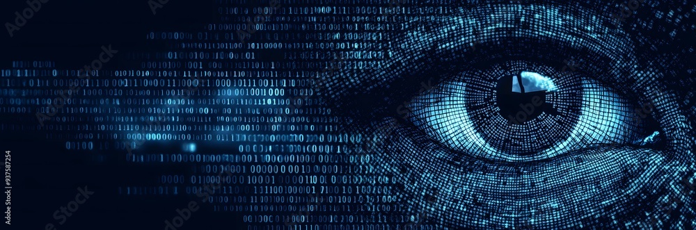Fototapete halftone letter binary code pattern forming a pair of eyes. coding language symbols forming a human 