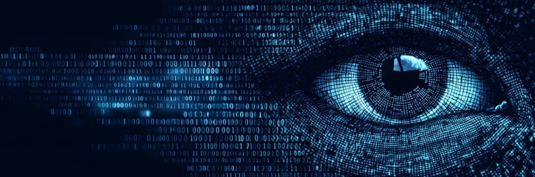 Halftone letter binary code pattern forming a pair of eyes. Coding language symbols forming a human form