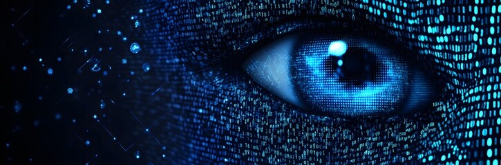 Halftone letter binary code pattern forming a pair of eyes. Coding language symbols forming a human form