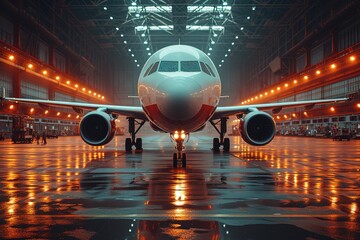 A passenger aircraft maintenance in a aiport hangar