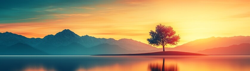 A serene landscape featuring a solitary tree against a vibrant sunset. Perfect for nature and tranquility themes.