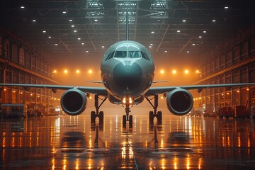 A passenger aircraft maintenance in a aiport hangar