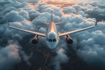 A passenger plane flying high in the clouds The aircraft flies over the city landscape