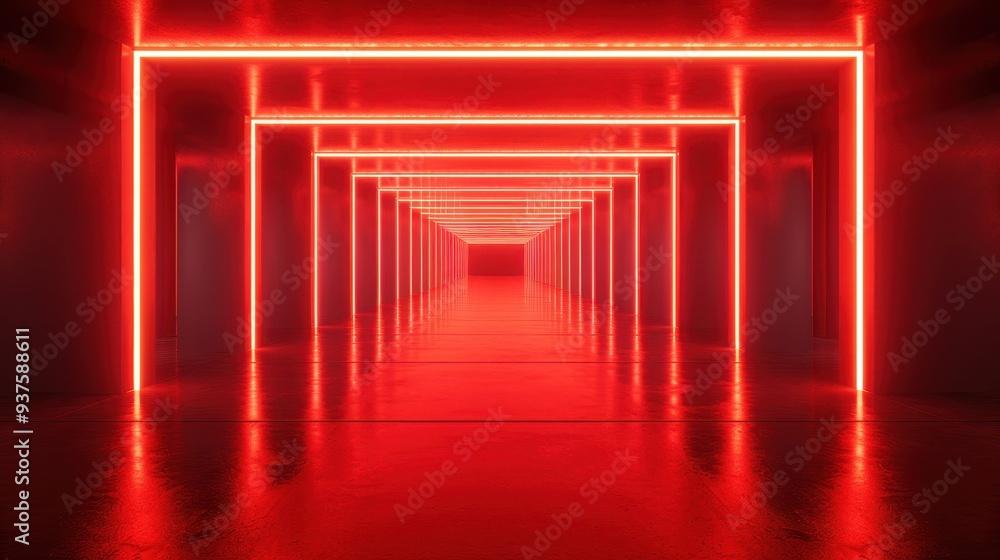 Poster neon gateway - journey into the radiant unknown: an endless corridor aglow with vibrant red neon lig