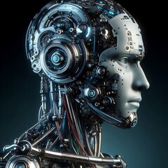 Fototapeta premium image of a humanoid robot in profile, showing off complex mechanical and electronic components.