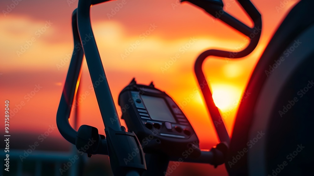 Poster macro image of an elliptical trainer with a sunset background ai generated illustration