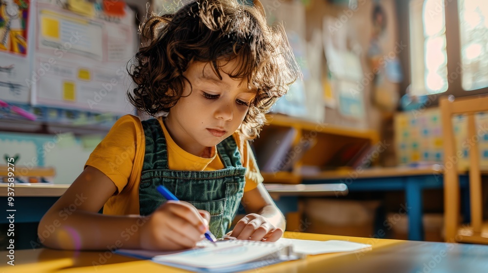 Wall mural a boy drawing at desk