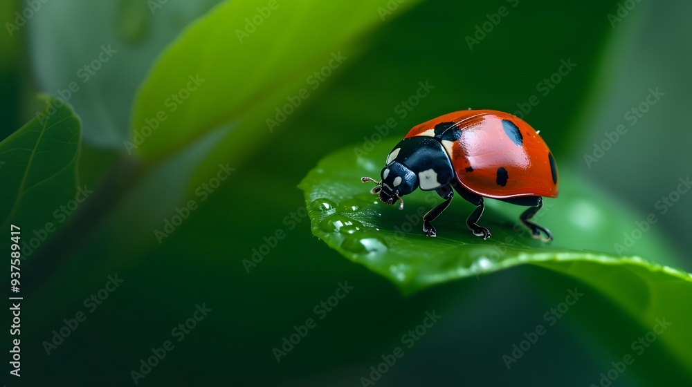 Poster macro perspective of a ladybug on a leaf designed with minimalist aesthetics ai generated illustrati