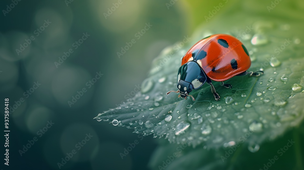 Poster macro perspective of a ladybug on a leaf designed with minimalist aesthetics ai generated illustrati
