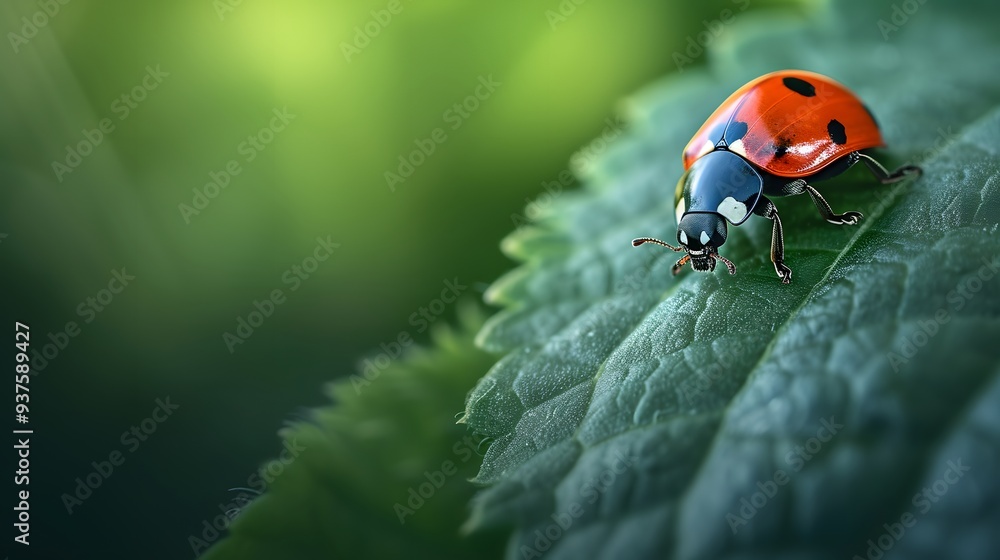 Poster macro perspective of a ladybug on a leaf designed with minimalist aesthetics ai generated illustrati
