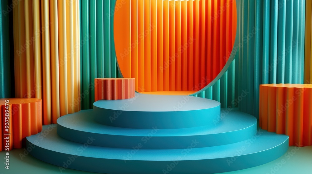 Poster abstract geometric stage: a vibrant and modern 3d rendering of an abstract stage, featuring a circul
