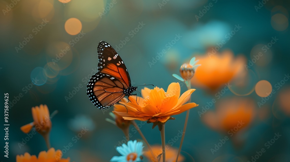 Poster macro representation of a charming butterfly resting on a flower in a minimalistic style ai generate