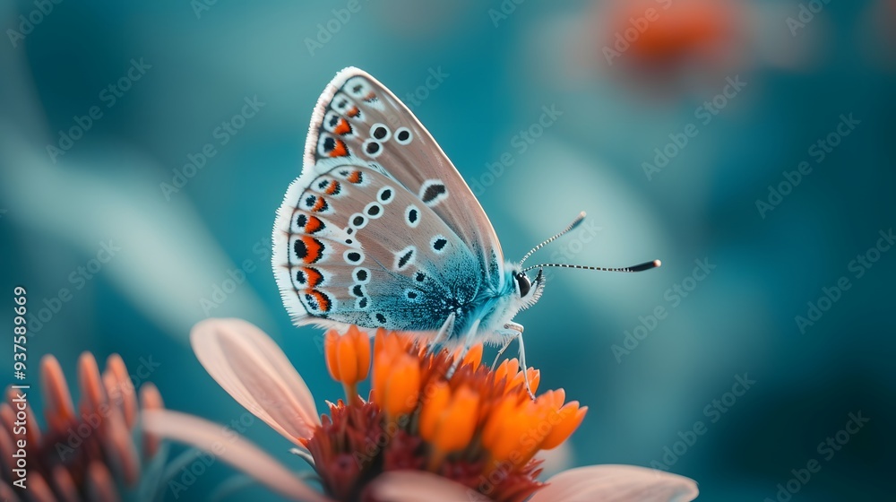Poster macro representation of a charming butterfly resting on a flower in a minimalistic style ai generate